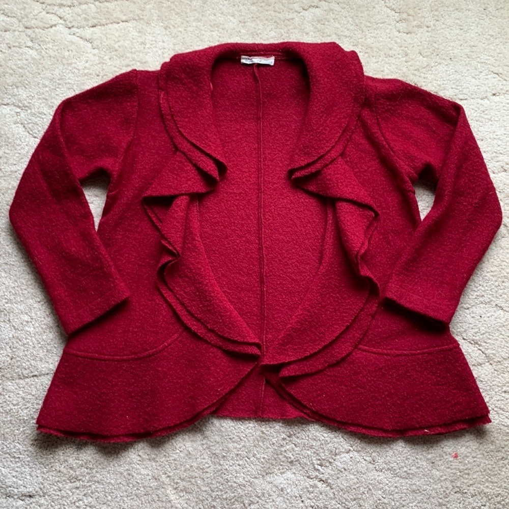 Red Wool Ruffle Open Front Unlined Coat, Size Large